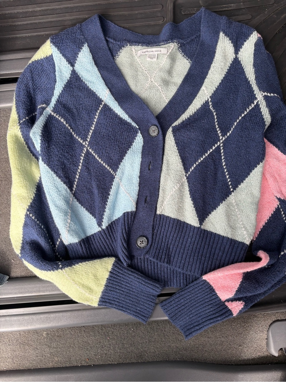 American Eagle Outfitters Navy Argyle Button-Up Cardigan with Pastel Accents